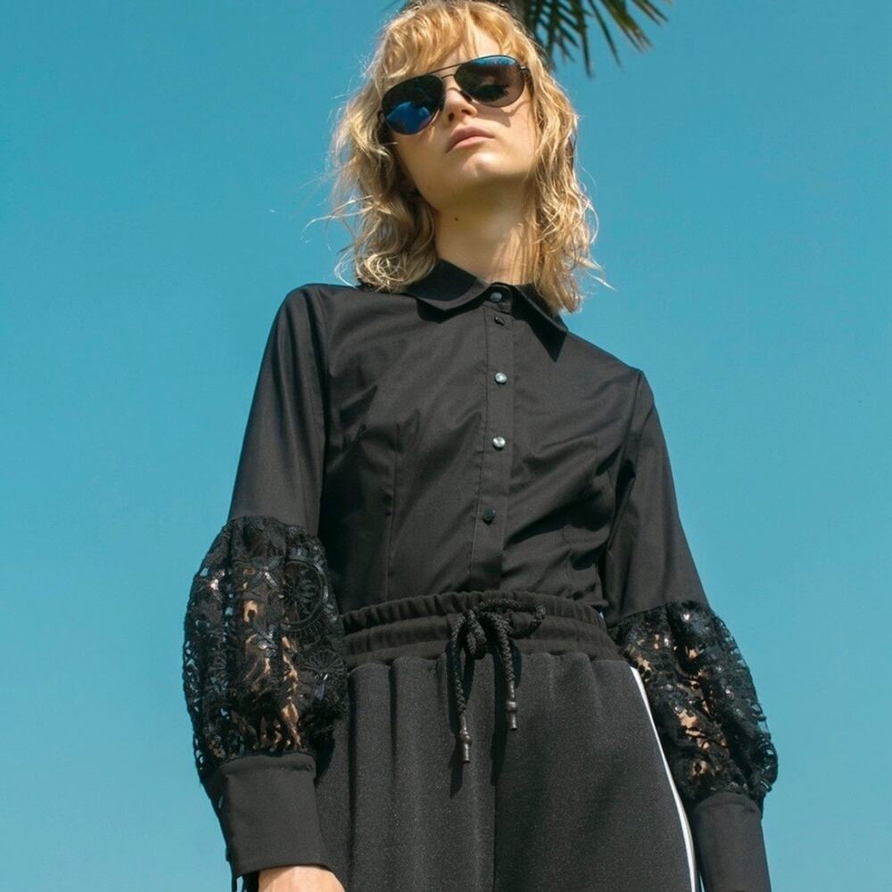 Brand Unique Black Cotton Button Down Shirt Large Lace Sequin Sleeve